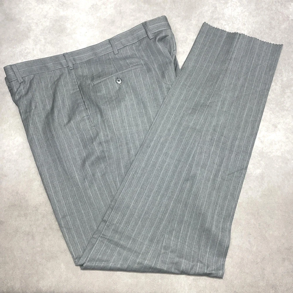 Joseph Abboud Men's 40x34.5 No Hem Gray Dress Pants 100% Wool Striped Flat Front